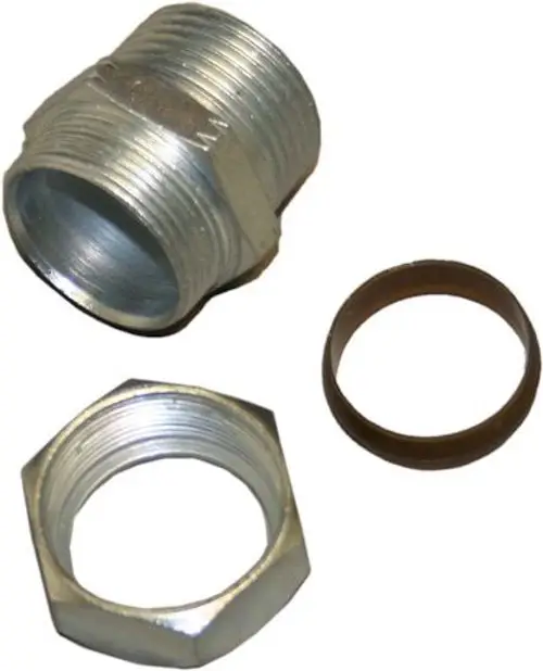 Metallene Anschlussverbindung von Bosch, bestehend aus einem Gewinde-Teil und einer Mutter, zusammen mit einem Dichtungsring in Braun.